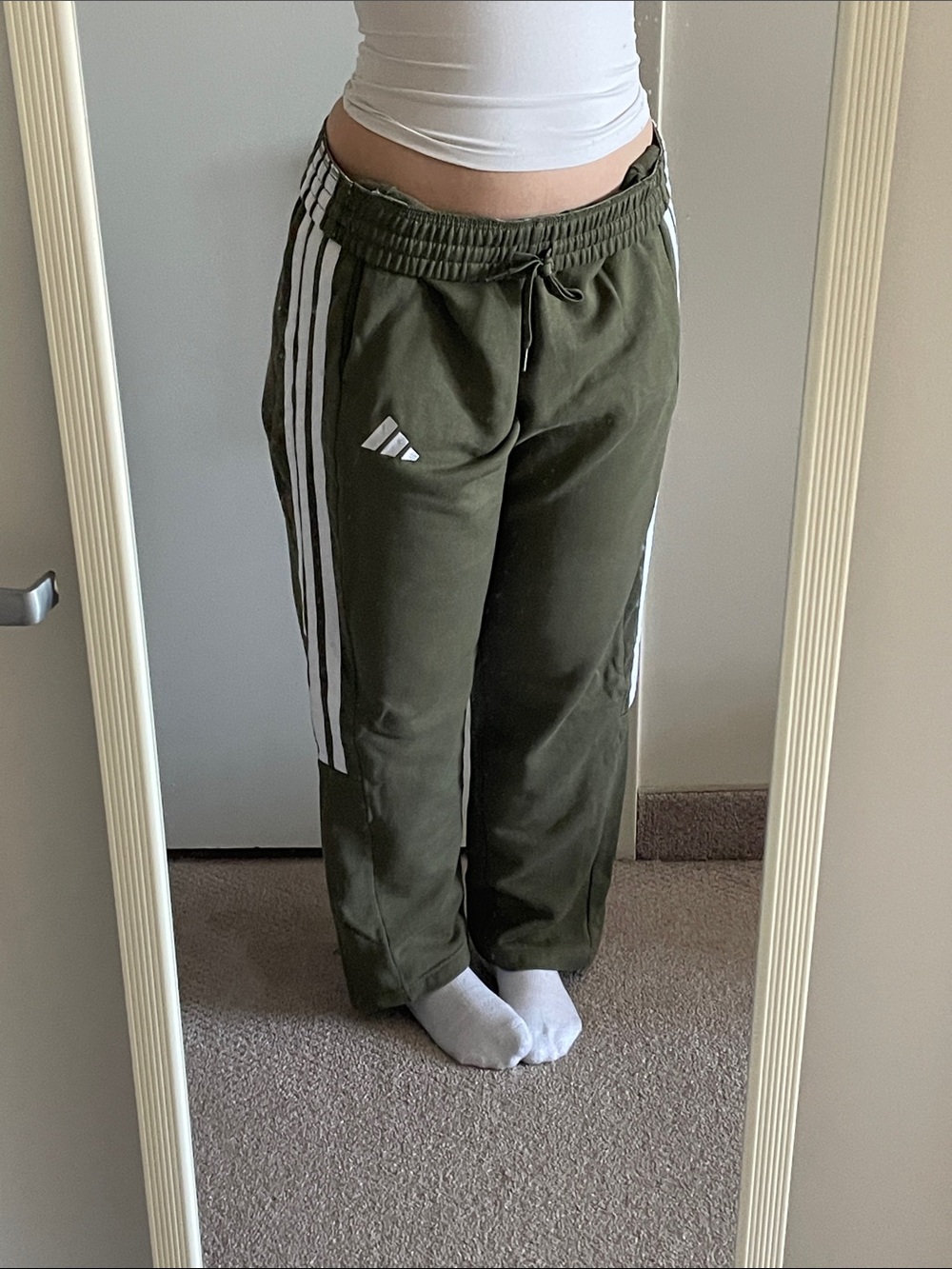 Women’s Adidas Olive Green Track Pants with White Stripes